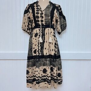 THML Dress Lagenlook Prairie Geometric Patchwork Beige Black Lace Tassels Midi S